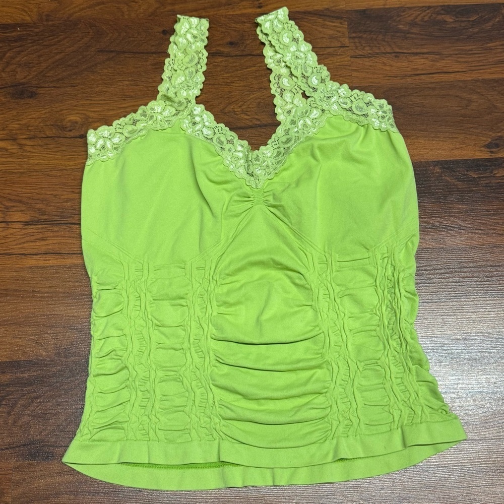 Vintage Lime Green Ruched Lace Tank Top Medium